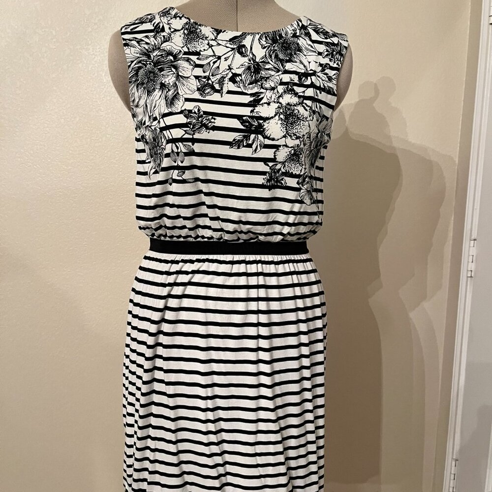 LOFT Black & White Stripe & Flower Sleeveless Dress